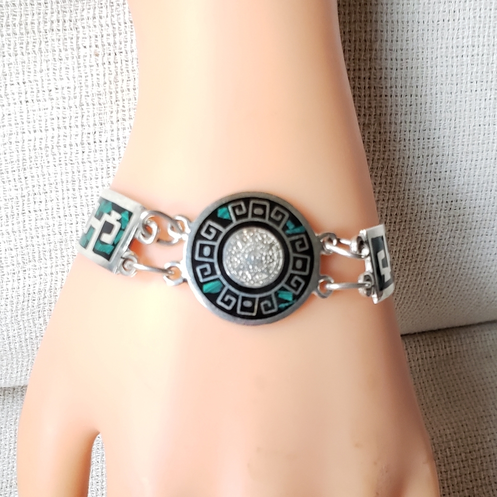 Vintage sterling malachite onyx Mayan calendar bracelet